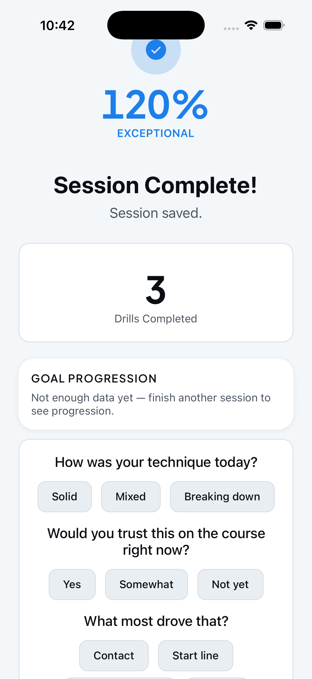 Session complete — 120% exceptional, goal progression