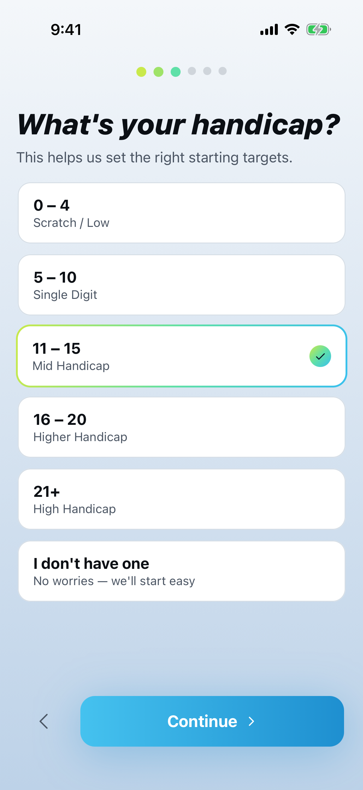 Your level — handicap band selected