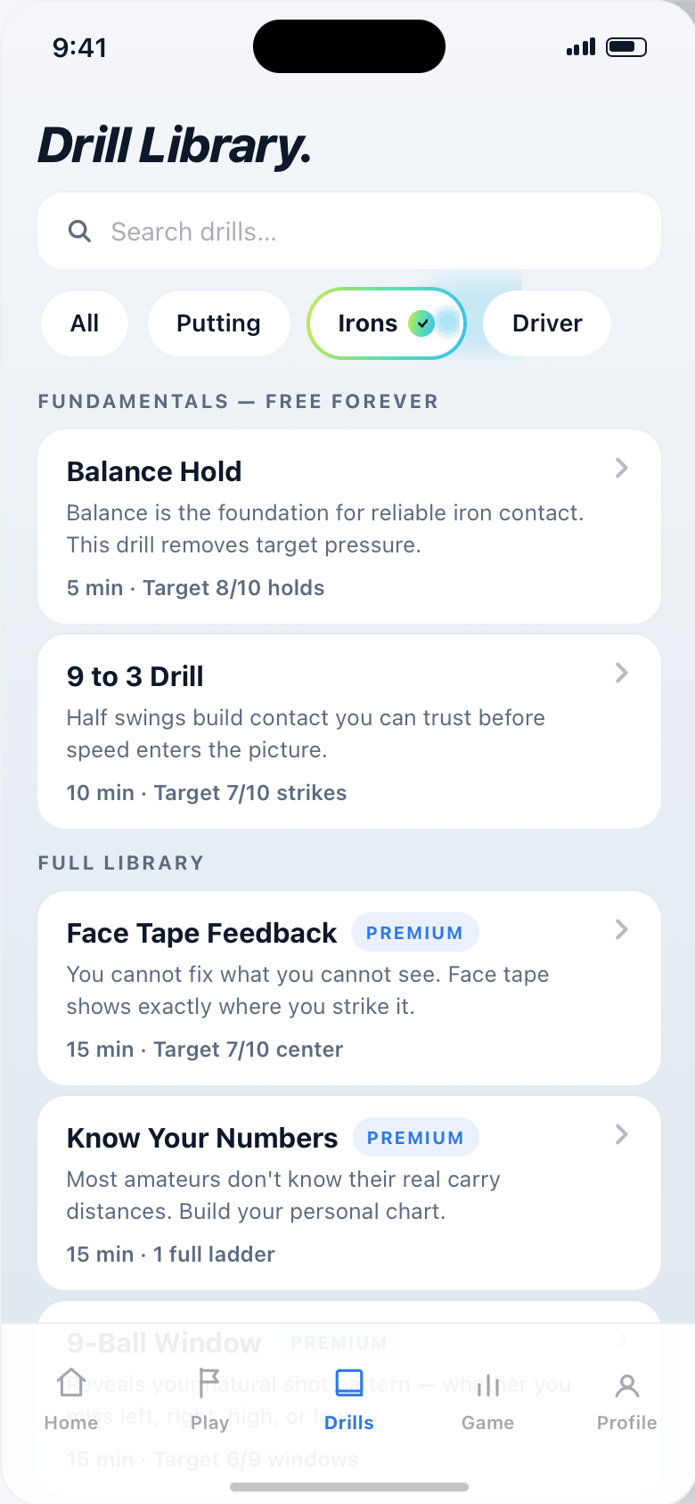 Fundamentals drill library — free forever section visible